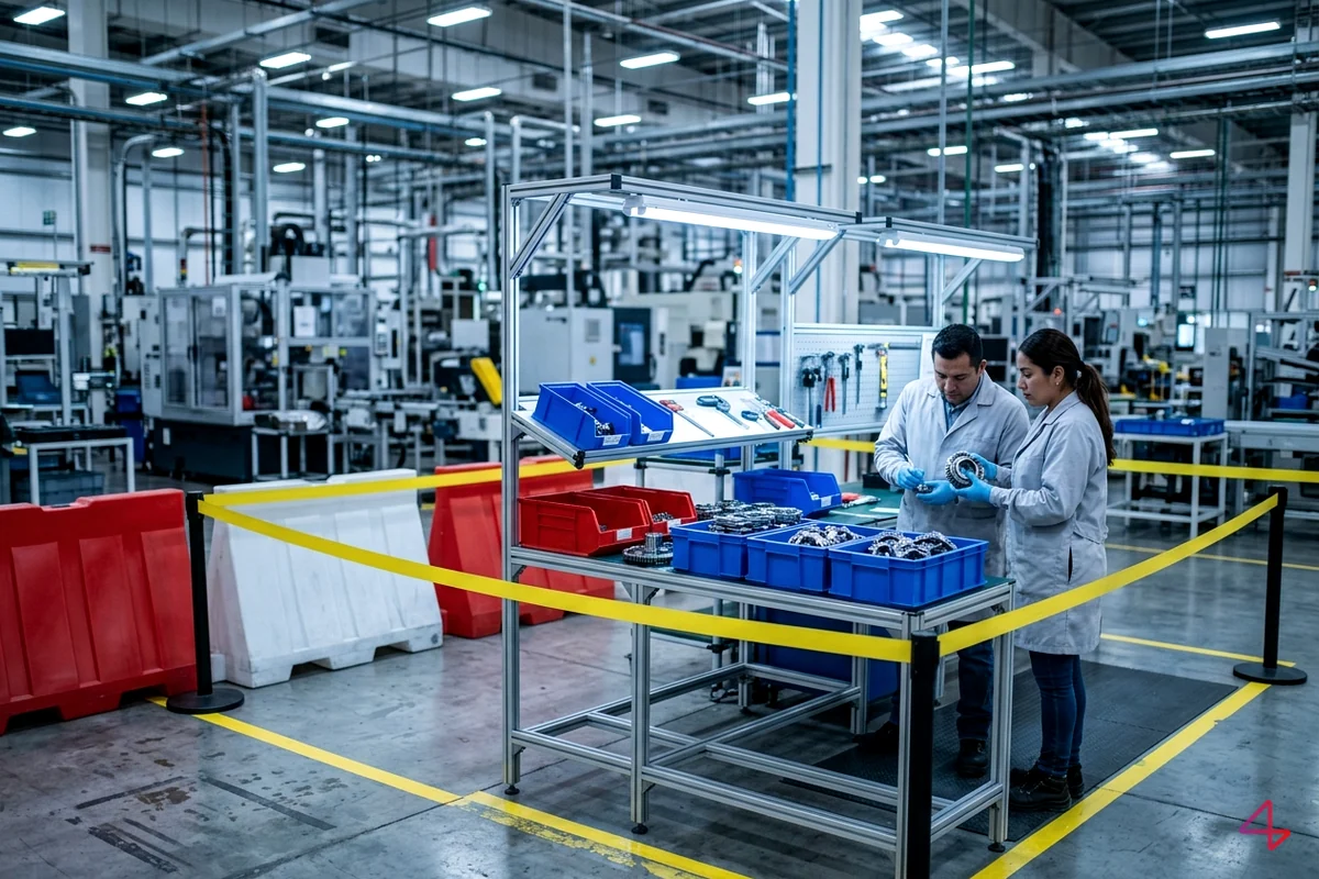 Área de contención GP12 delimitada en planta automotriz con inspección al 100% de producción temprana