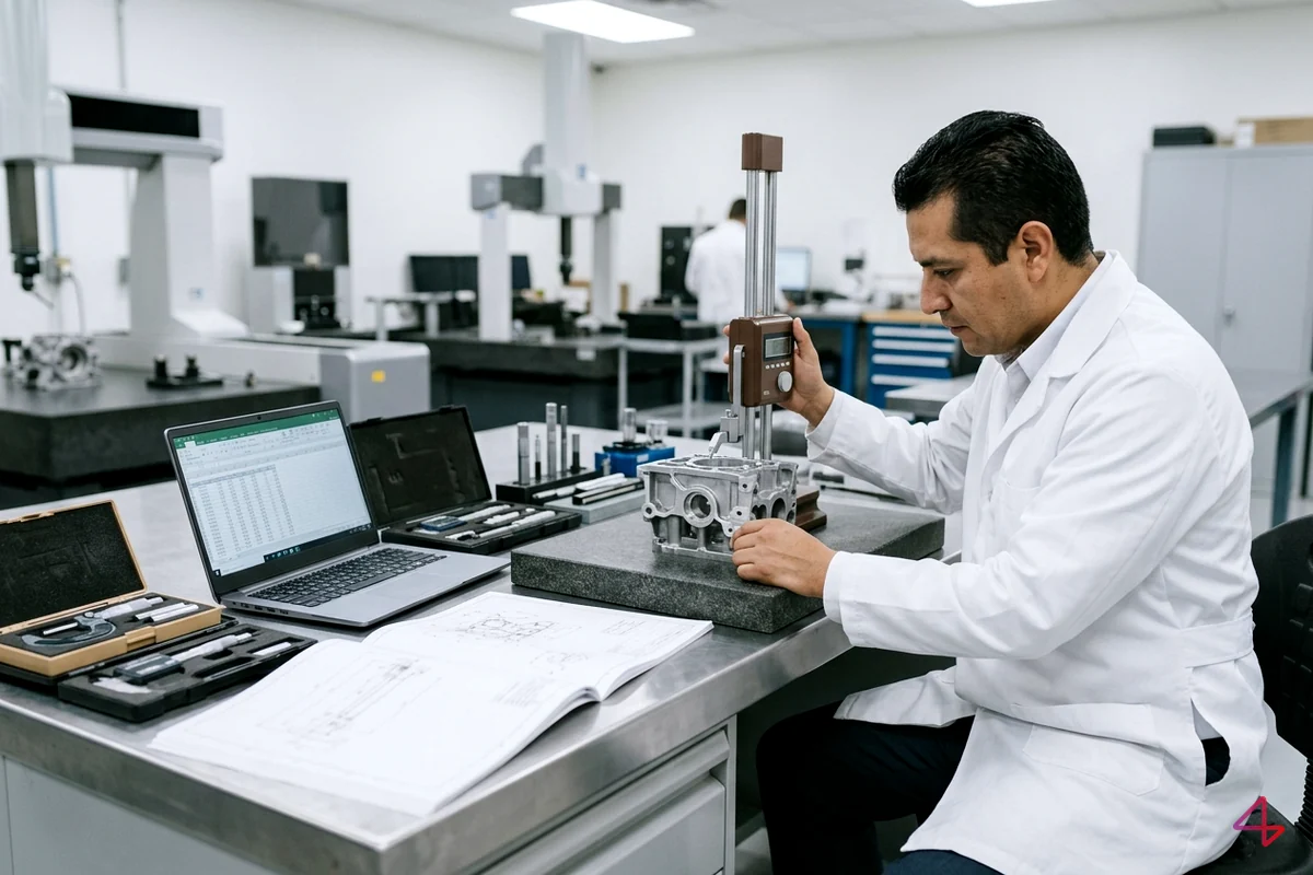 Ingeniero de calidad de RIDYS Group midiendo componente automotriz contra criterios de aceptación documentados