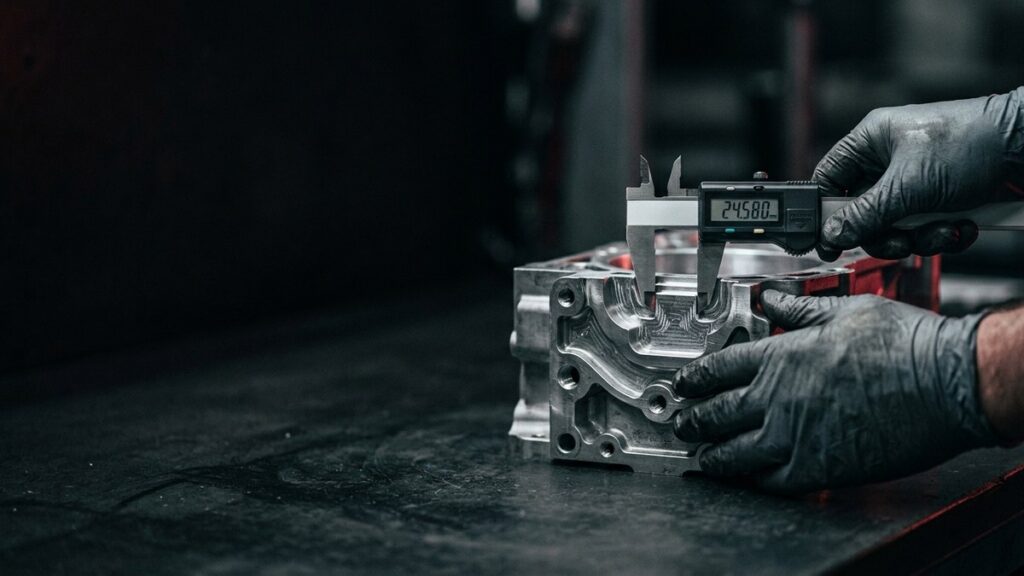 Inspección dimensional de componente automotriz con calibrador digital