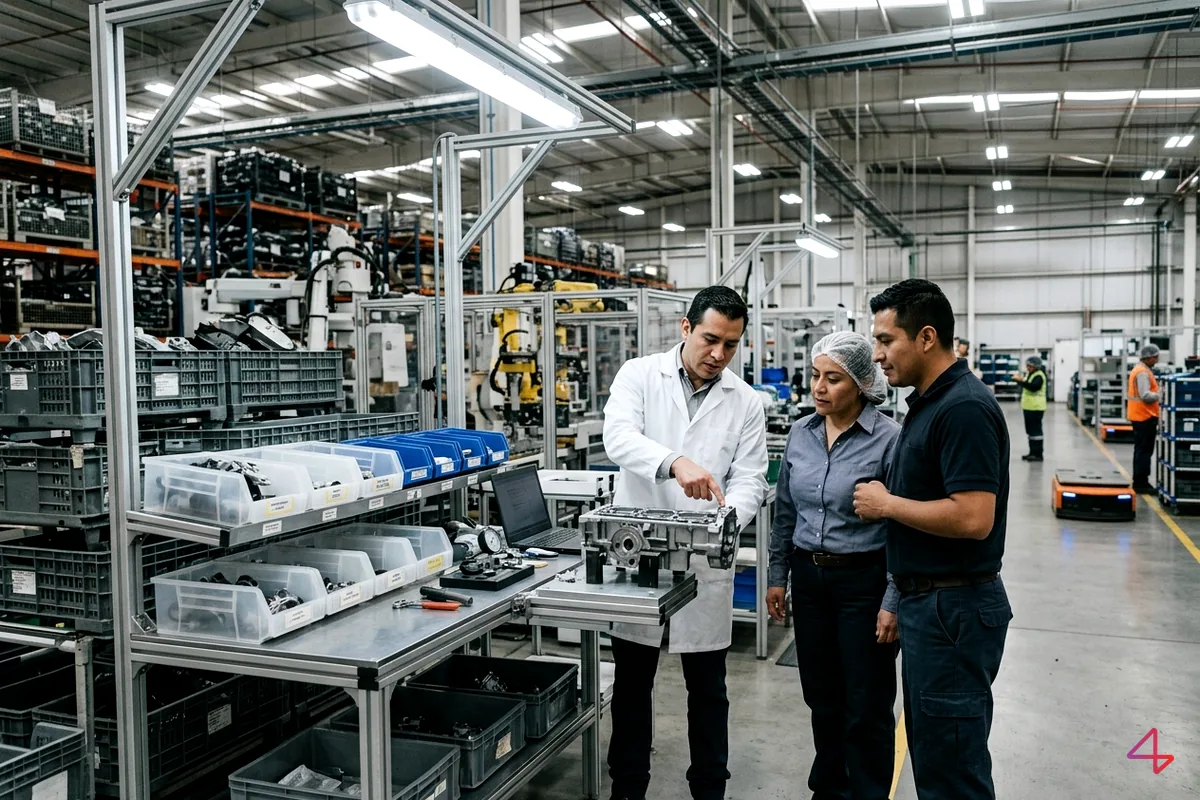 Supervisor de calidad de RIDYS Group revisando criterios de inspección con el equipo en planta automotriz
