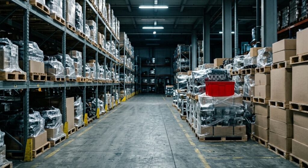 Pasillo de almacén con tarimas de material automotriz y una tarima señalada con contenedor rojo de material retenido