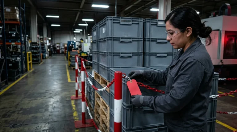 Inspectora de calidad colocando una etiqueta de retención en un lote aislado dentro de un área de contención