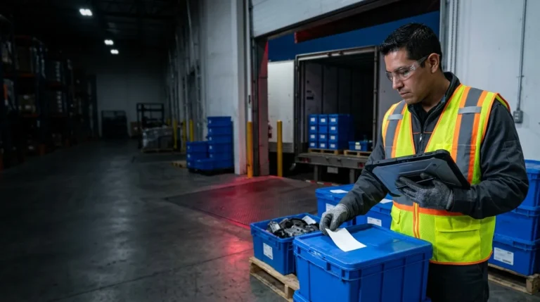 Inspector de tercero certificando contenedores de autopartes en el andén de embarque de una planta automotriz
