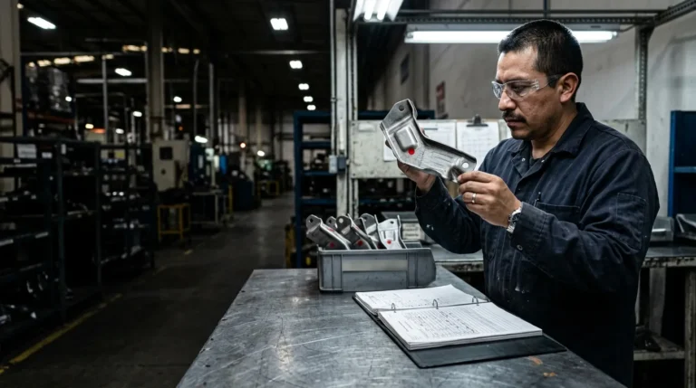 Auditor de calidad revisando una pieza con marca testigo junto a los registros de inspección