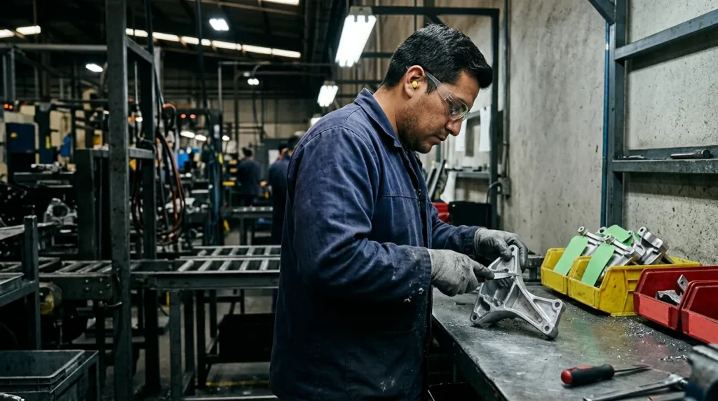 Técnico de calidad desbarbando una pieza de aluminio automotriz en una estación de retrabajo