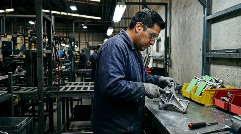 Técnico de calidad desbarbando una pieza de aluminio automotriz en una estación de retrabajo
