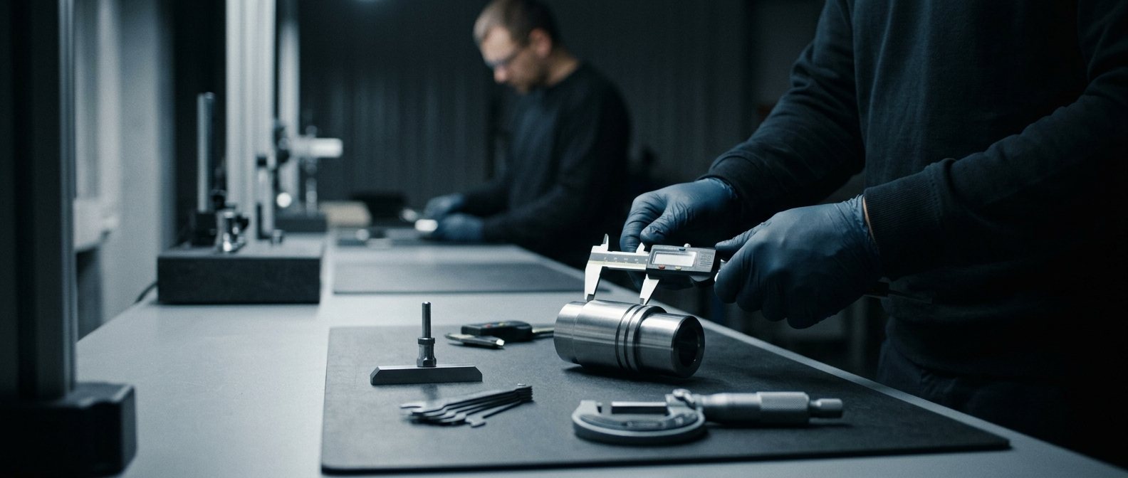 Inspección dimensional con calibrador e instrumentos de medición en mesa de inspección
