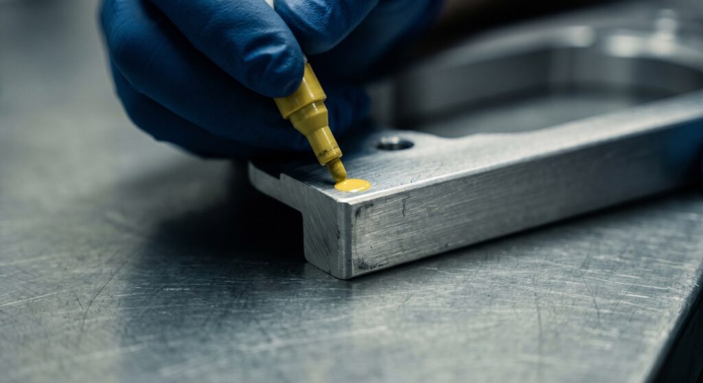 Inspector coloca marca de verificación amarilla sobre pieza de aluminio durante servicio de sorteo de calidad