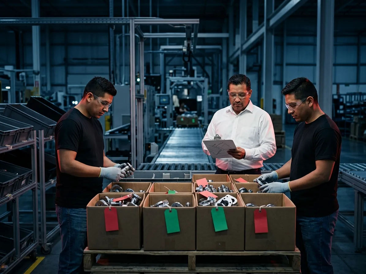 Equipo de Grupo RIDYS en contención Controlled Shipping con cajas identificadas por estatus